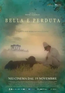 A poster for the film Bella e perduta by Pietro Marcello. It shows a white man in fifties wearing a black mask with a large hooked nose. He's dressed entirely in white, including a rounded, conical hat. He looks like he's from another era. He is kneeling to stroke a young buffalo. They are set against heavenly blues and whites, and a large stately home.