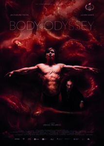 A poster for the film Body Odyssey by Grazia Tricarico. It shows a naked, white female bodybuilder, arms outstretched, enveloped in swirling reds and oranges that the inside of a human body.